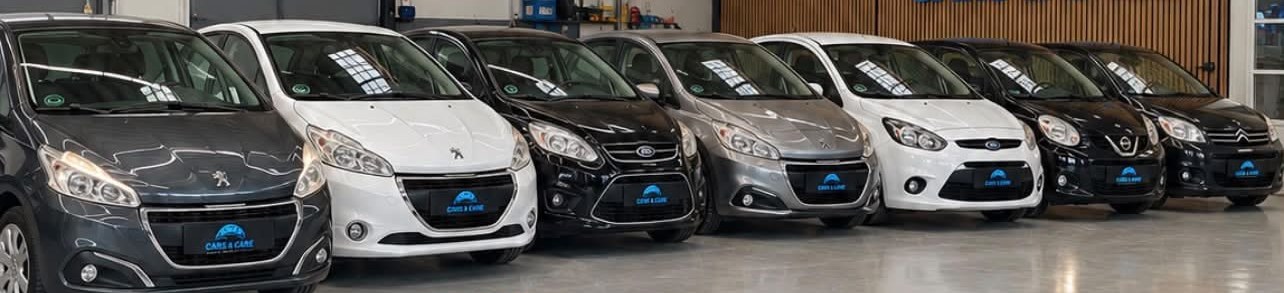 Syv udlejningsbiler på række i værkstedet, med Cars & Care-skilte i stedet for nummerplader